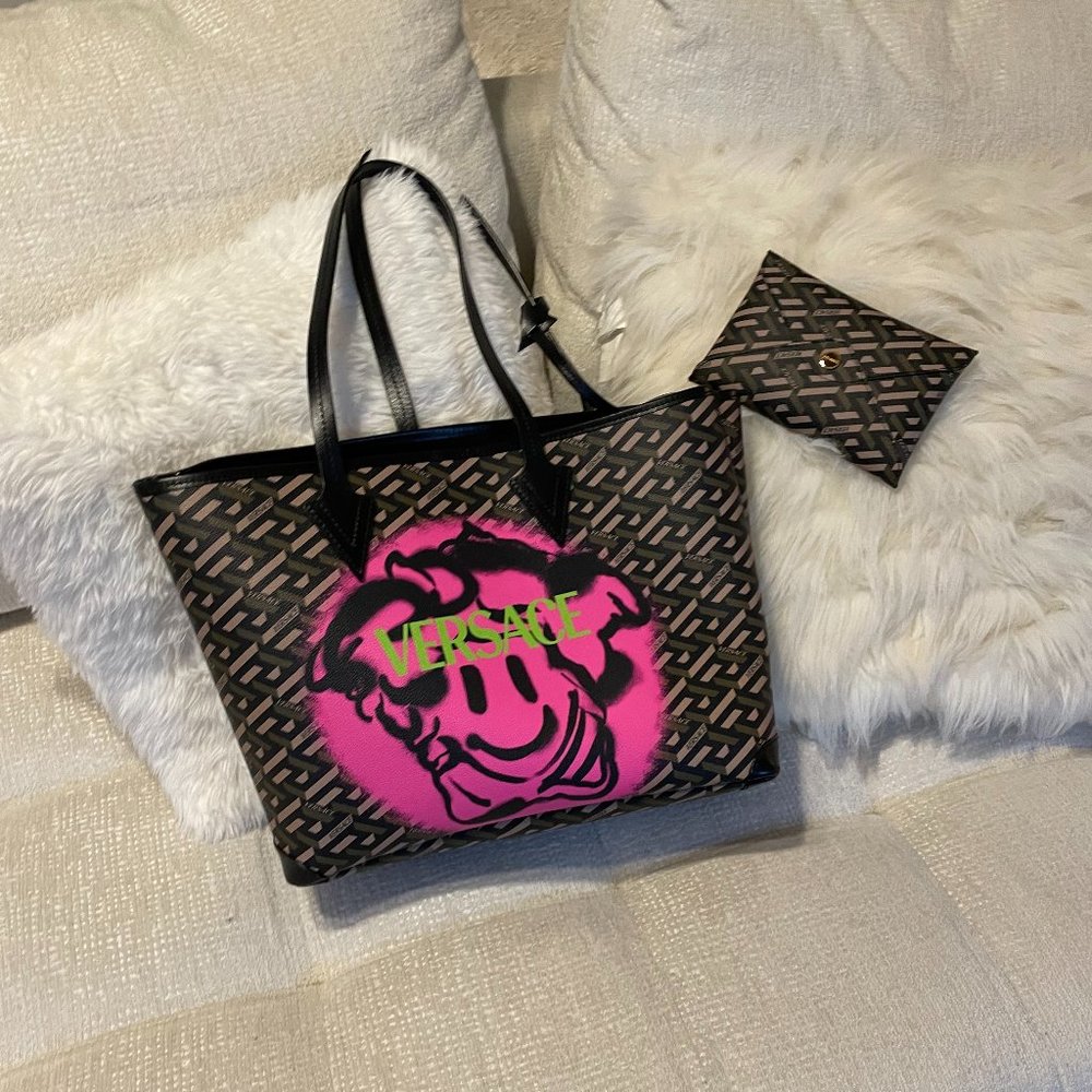 Versace Brown Greca Medusa Smiley Shopper Tote 42v811s with Dust Bag, Care Card